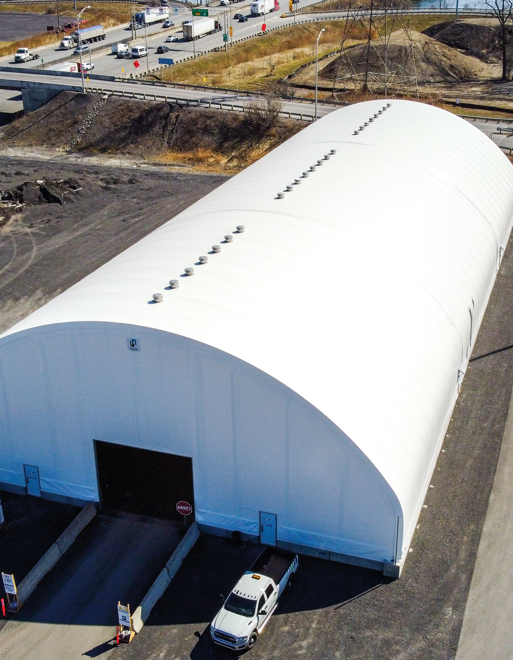 Aerial view of a completed fabric building installation