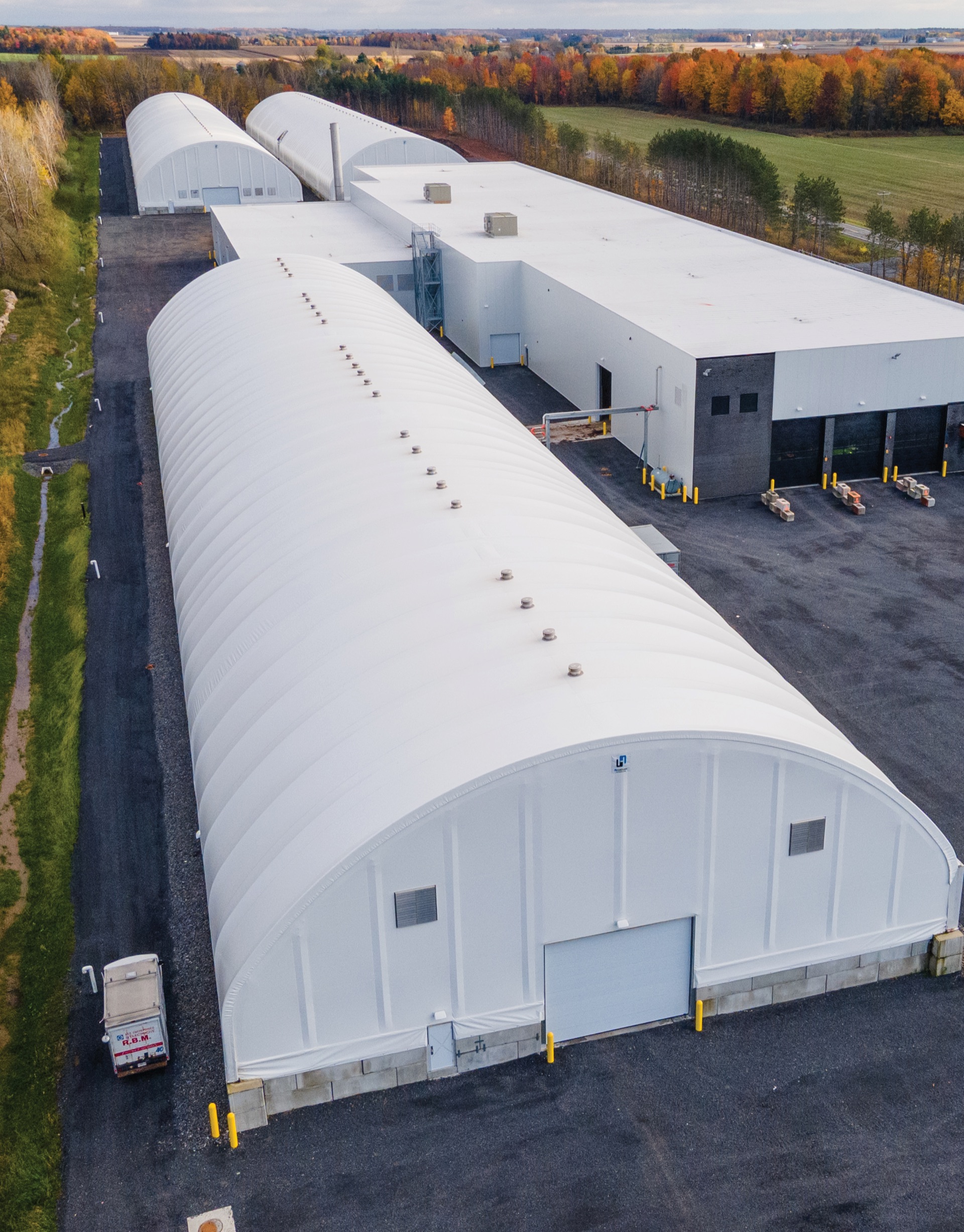 Aerial view of industrial fabric buildings with loading docks in Ontario