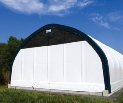 Louvered ventilated fabric building end wall